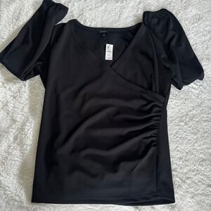 Talbots Black Ruched Faux Wrap Top Size Medium M NWT Long Sleeve V-Neck Knit